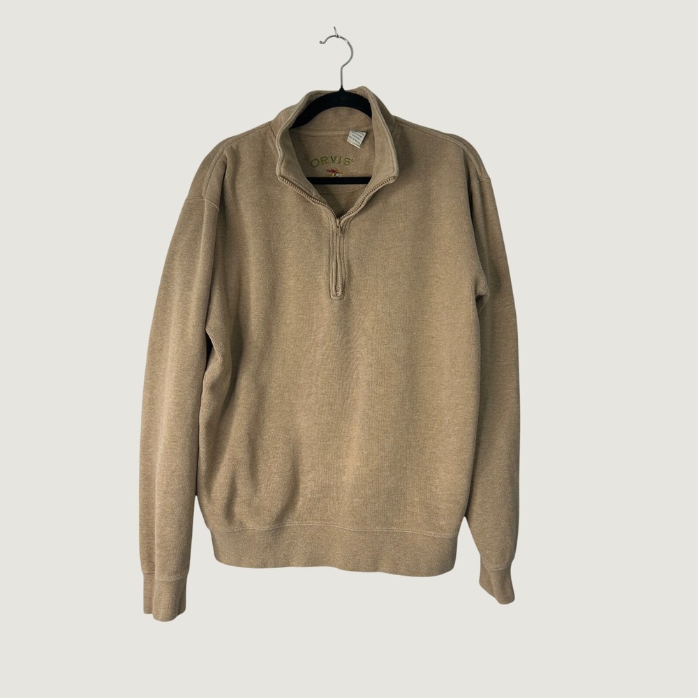 Orvis Quarter Zip Pullover Mens Medium Tan Cotton Ribbed Fly Fishing Sweater
